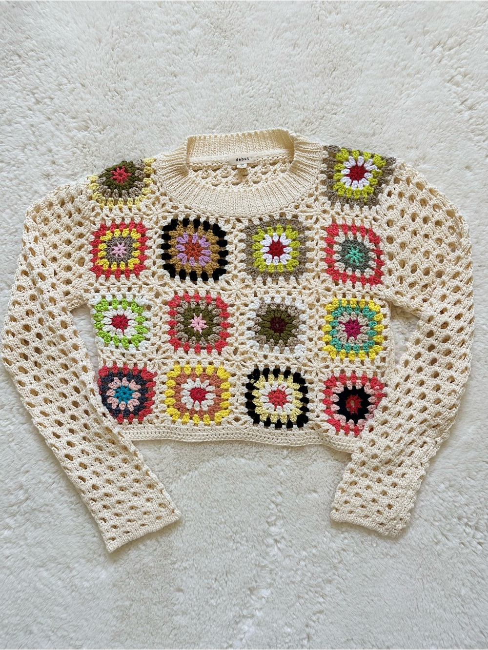 Debut Women's Crochet Granny Square Open-Knit Pullover Sweater Ivory XS